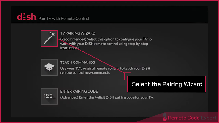 pairing wizard for programming dish remote control