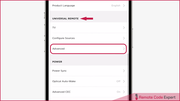 select advanced settings in universal remote